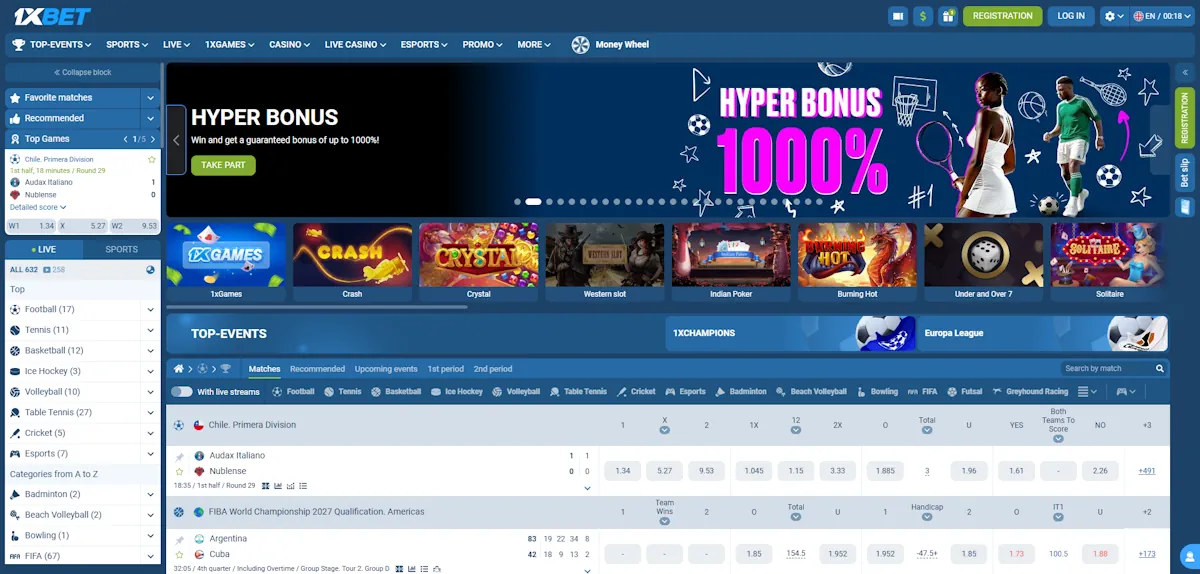 1xBet Casino and Sportsbook Screenshot